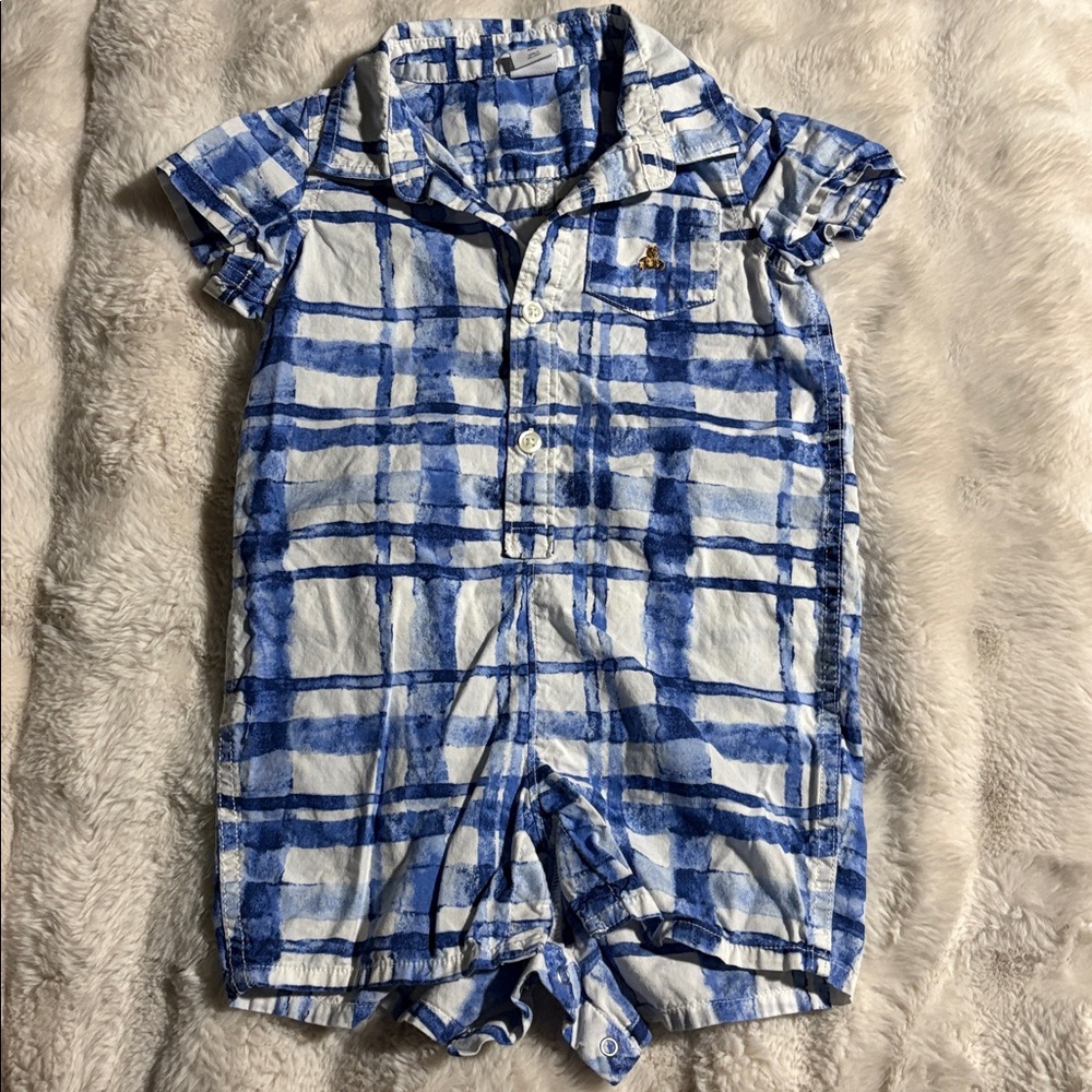 GAP Baby Blue and White Plaid Cotton Romper 18-24m